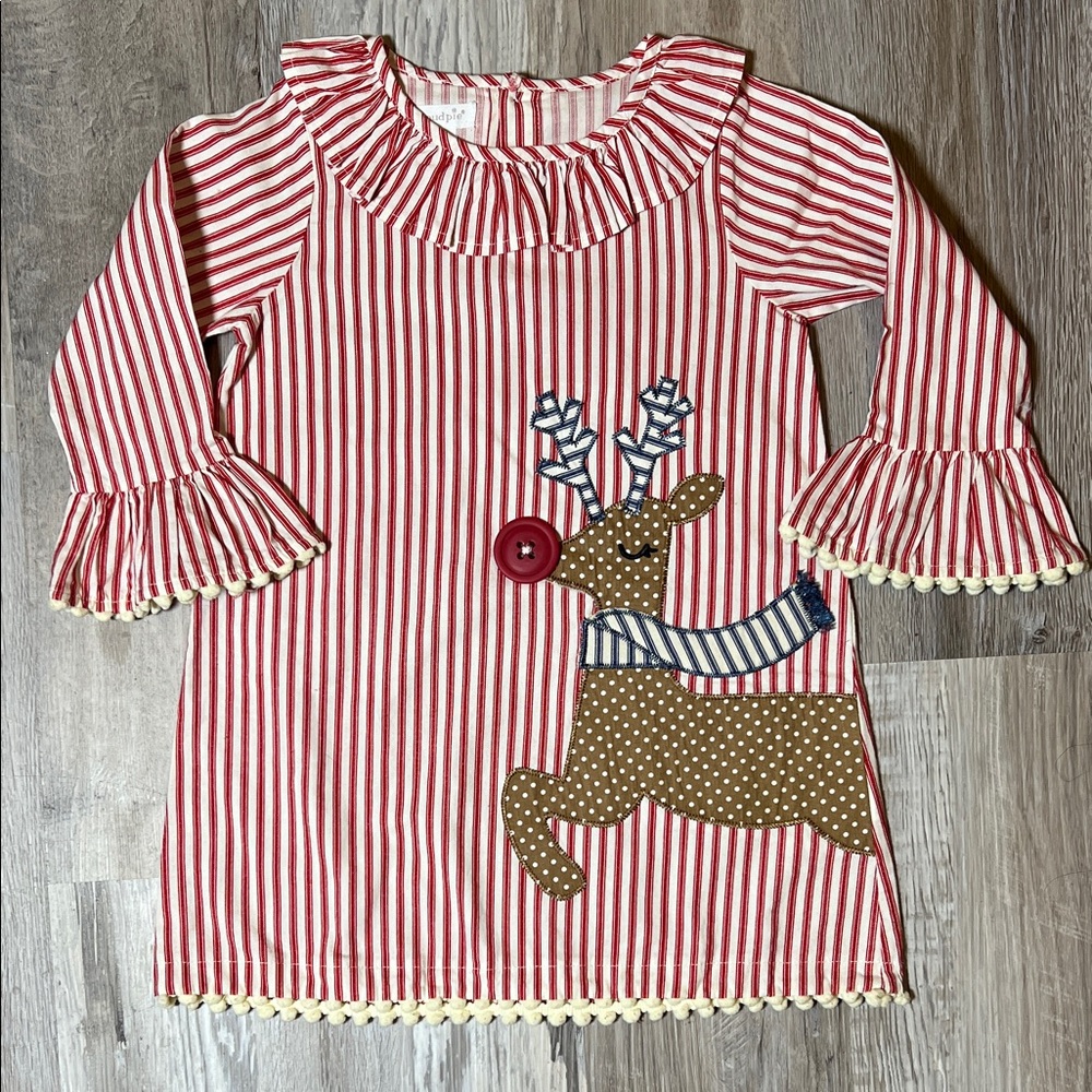 5T Girls Red Stripe Reindeer Holiday Dress with Ruffle Sleeves - ADORABLE